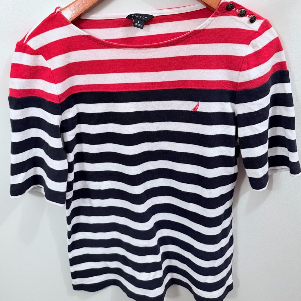 Nautica Women’s Red White Navy Striped Short Sleeve Tee Size L